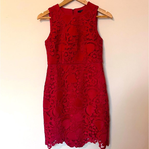 Ann Taylor sheath lace overlay midi dress red women’s size 0P - Picture 3 of 9